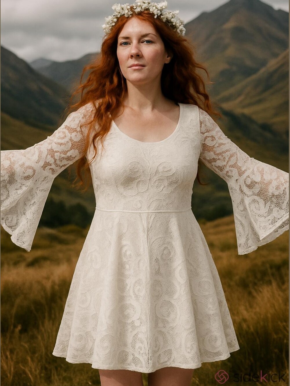 A. Byer White Lace Dress Bell Sleeves Romantic Retro Bridal Boho Angel Femme LG